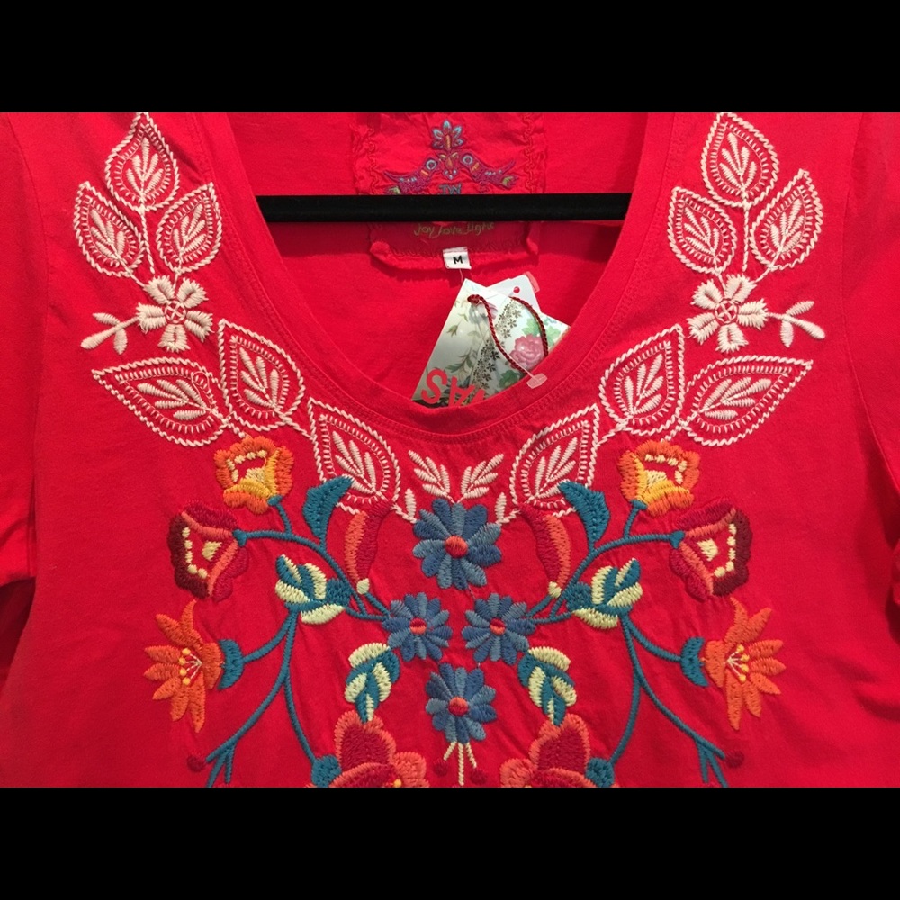 Johnny Was Red Embroidered Floral Top - Picture 3 of 5